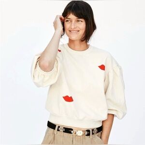 Clare V Lips Sweatshirt Balloon Sleeve Cream French Terry Small